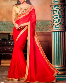 Designer Red Silk Chiffone Saree